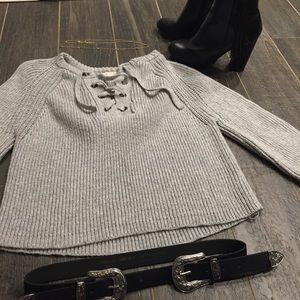 Grey L.A. Hearts Lace Up Sweater